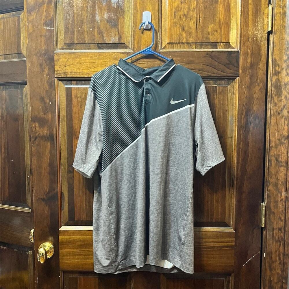 Nike Golf Polo Shirt Mens L Gray Black Striped Dri-FIT Short Sleeve